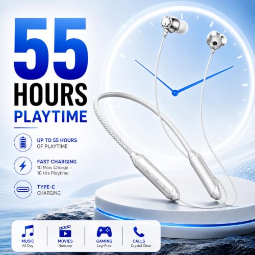 Image of Kratos Gray Bluetooth Neckband with 55H Playtime, Deep Bass, Stereo Sound, HD Calls, Magnetic Earbuds, Voice Assistant, Type-C Fast Charging, Rich Audio, Hollow Switch for Comfort & Style
