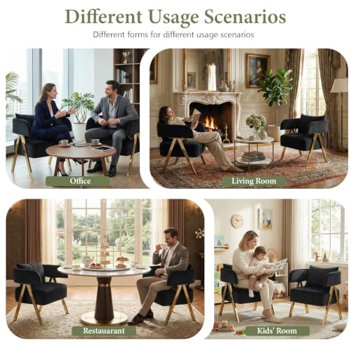 Image of Modern Black Gold Velvet Accent Chairs Set 2, Barrel Armchairs Living Room | STHOUYN Comfy Reading Chairs, Living Room and Bedroom Seating, Curved Barrel Design, Gold-Tone Legs, Wide Seat, Small Space