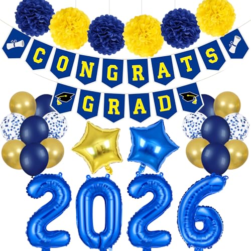Image of 2026 Graduation Banner Party Decorations Blue and Yellow, Congrats Grad Banner and 2026 Graduation Foil Balloons for Blue and Yellow Congratulations 2026 Graduation Party Decorations