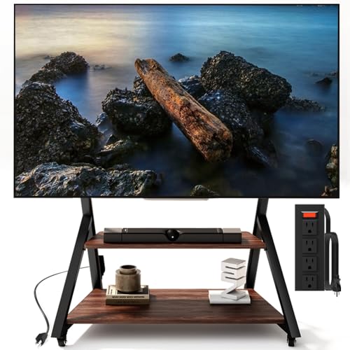 Image of Rolling TV Stand with Power Outlet, Mobile TV Stand on Wheels with Wood Shelf for 55 to 100 inch Television, Height Adjustable Portable Black TV Cart, Holds up to 220LBS, Vesa 800x600mm.
