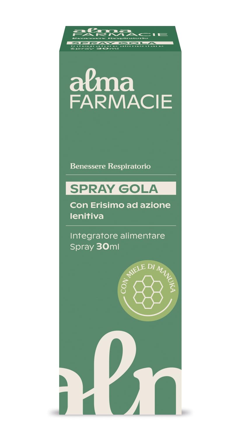 Spray Gola Alma Farmacie, con Ingredienti Naturali, Miele di Manuka e Erisimo ad Azione Lenitiva, contro Mal di Gola, Raucedine, Stomatiti e Afte, Senza Alcool, Spray 30 ml