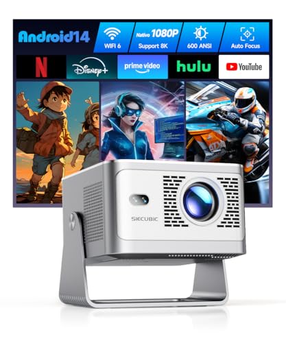 SIECUBIC Mini Proyector Portátil 4K Full HD 1080P, 600 Lúmenes ANSI, Android 14 WiFi 6 Bluetooth 5.4, Corrección de Distorsión y Enfoque Automático, Cine en Casa Interior y Exterior