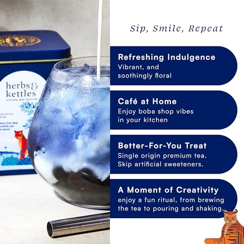 Image of Herbs & Kettles Blue Chai Boba Kit | Butterfly Pea Flower Chai with Ginger, Cardamom, Cloves & Cinnamon + Chewy Tapioca Pearls | Complete DIY Caffeine-Free Bubble Tea Kit with Reusable Straws |