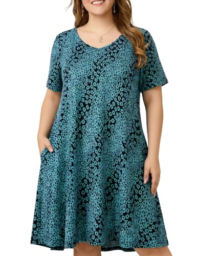 Image of OVERWORETY Womens Short Sleeve Plus Size T-Shirt Dress V Neck Casual Loose Swing A-Line Summer Tunic Dresses with Pockets