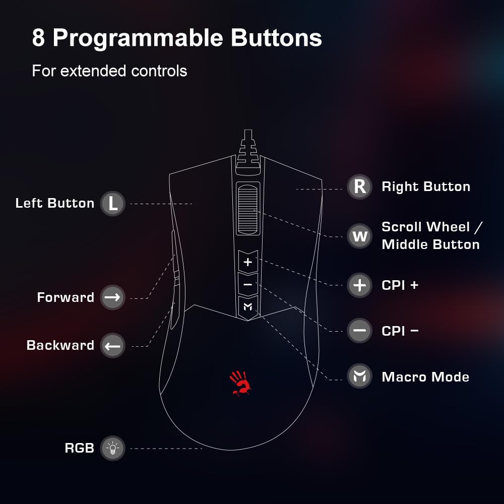 Bloody ES9Pro Mouse da gioco FPS RGB, chip PMW3327, 6200 CPI, frequenza di rapporto 2000 Hz, 220 IPS, memoria integrata 4M, completamente programmabile con macro preimpostate avanzate