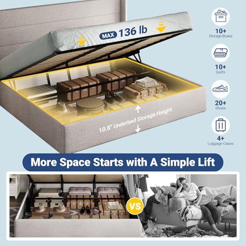 Image of Allewie King Size Lift Up Storage Bed, Modern Wingback Headboard, Hydraulic Support, No Box Spring Needed, Light Beige