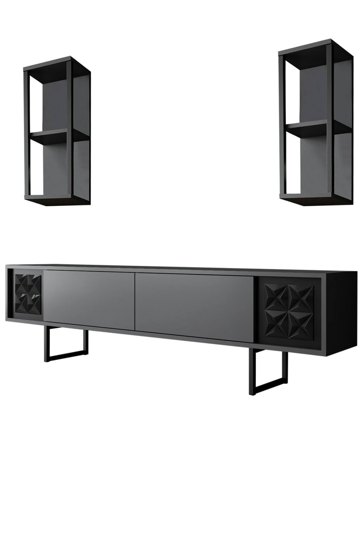 Dmora - Mobile porta TV Kaus, Credenza da soggiorno, Armadio basso per TV, Base parete attrezzata, 180x30h48 cm, Antracite e Nero