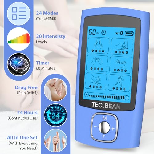 TEC.BEAN 24 Modes Tens Unit Muscle Stimulator, Rechargeable Tens Machine with 8 Electrode Pads (American Gel), Electric Pulse Massager for Pain Relief Therapy（Blue） - Image 3