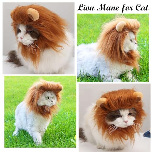 Image of Cat Halloween Costumes - Lion Mane Wigs for Cat Costumes, Adjustable Comfortable Funny Pet Kitten Cats Dress Up Clothing Accessories for Halloween Christmas Festival Party
