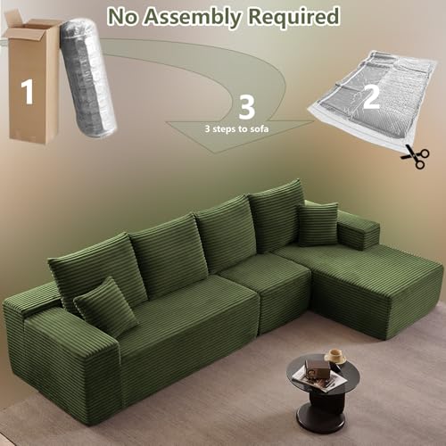 Image of 135 inch Cloud Sectional Couch with L-Shape Chaise, Modern Modular Comfy Sofa Chaise Longue, Upholstered Corduroy Couches Sleeper with Deep Seat for Living Room Bedroom, No Assembly Required, Green