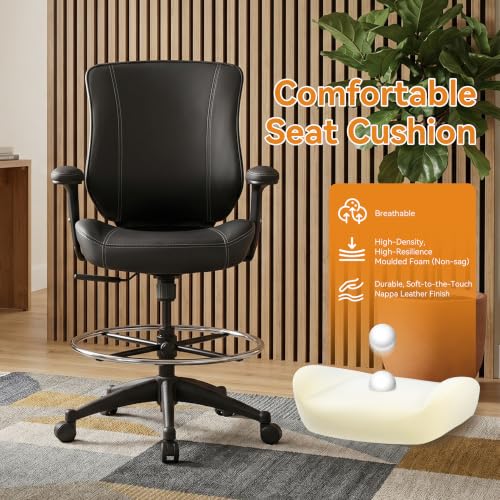 Image of BOLISS 400lbs Mid Back Premium Leather Ergonomic Drafting Chair Office for Adjustable Desk Wide Chair Built-in Lumbar Support Adjustable Foot Ring Height Adjustable Armrest (Black Leather)