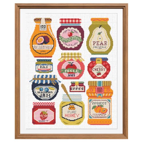 Image of FREEBLOSS 11CT Stamped Cross Stitch Kits Jam Pot Cross Stitch Ornament Kits with Instructions Embroidery Needlepoint Kit for Wall Hanging Home Decor 15.7x19.7inch