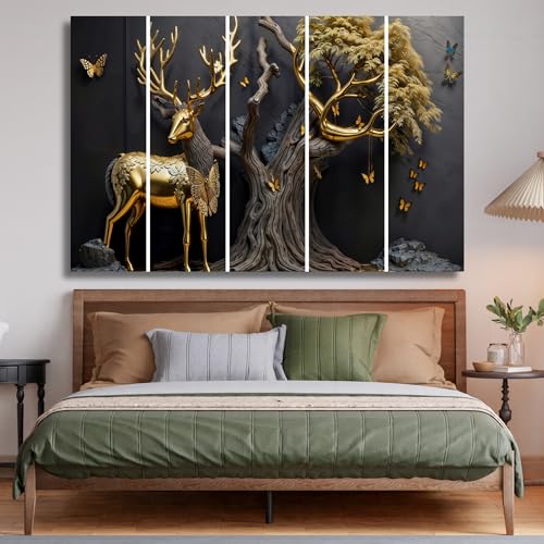 Image of Golden Deer Wall Painting Set of 5 | MDF Wall Art with Sparkle Lamination | Big Size Vastu Deer Painting for Wall Decoration | Home Decor & Wall Decor for Living Room, Bedroom, and Office