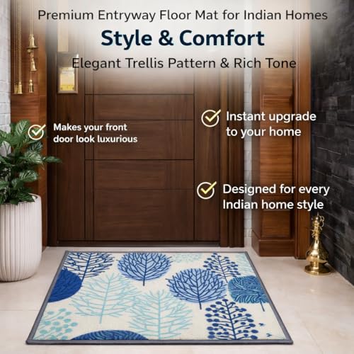 Image of Matz&More Nylon Tufted Gel Baking Anti-Slip Floor Mat | 40 x 60 cm | Blue & White Floral Design | Doormat for Home Entrance, Kitchen & Bedroom