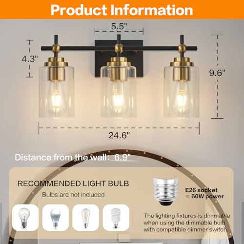 Image of SOLFART Bathroom Lighting Fixtures Over Mirror: 3-Light Black and Gold Vanity Lights Clear Glass Shades(Bulbs Not Included)
