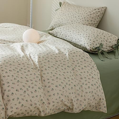 VM VOUGEMARKET Green Purple Flower Duvet Cover Set King 100% Cotton 3 Pcs Girls Blossom Comforter Cover with Zipper Closure Cottagecore Style Duvet Cover + 2 Pillowcases with Bowknot-104x90 Inch