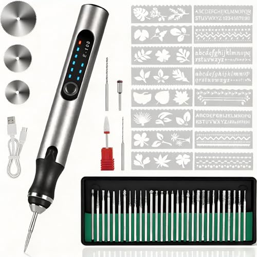 AURIVEE® Stylo Graveur Électrique sans Fil – 3 Vitesses 15000-20000 tr/min, Rechargeable USB-C, 37 Accessoires + 16 Pochoirs, Protection Surcharge pour...