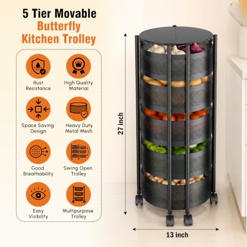 Image of JD FRESH 5 Tier Metal Rotating Kitchen Trolley /360-Degree Rotating Wheels with Expandable Side Opening Design /Movable Butterfly Trolley and Storage Shelf for Kitchen, Livingroom or Bathroom (Black)