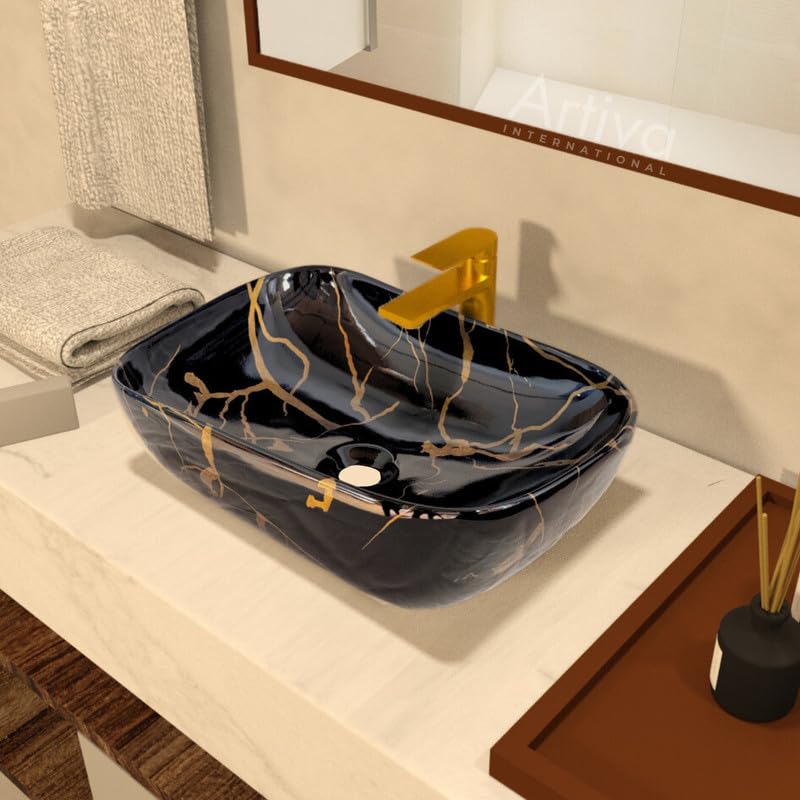 Image of Artiva Small Wash Basin Countertop /Tabletop Ceramic Bathroom Sink /Wash Basin Over Counter /Wash Basin For Bathroom (Porto Black, 10x14 Inch)