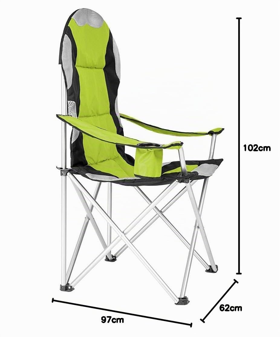BAKAJI Pliant Camping Chaise Rembourrée avec Sac Camping Mer Chaise Plage De Pêche en Plein Air en Acier Et Polyester avec Porte Compartiment Boissons et Smartphone (Vert)