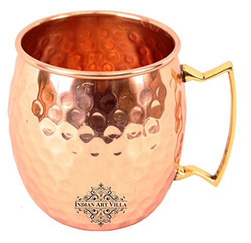 Indian Art Villa Pure Copper Round Shaped Moscow Mule Beer Mug with Shine Hammered Design, Handcrafted, Ideal for Cocktails and Beverages, Volume- 18 Oz, Set of 4