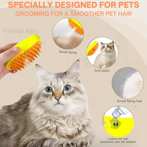 Image of Hair Brush for Pets with Steam Function, Soft Rubber Bristles, Water or Essential Oil Reservoir, Non-Slip Grip, Easy Cleaning, for Dogs and Cats (Yellow)