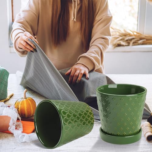 Image of EFISPSS Ceramic Plant Pots, 5 Inch Planters with Drainage Holes and Ceramic Tray, Relief Design Flower Planter, Desktop Office Windowsill Decoration Gift Set of 4 - Blackish Green