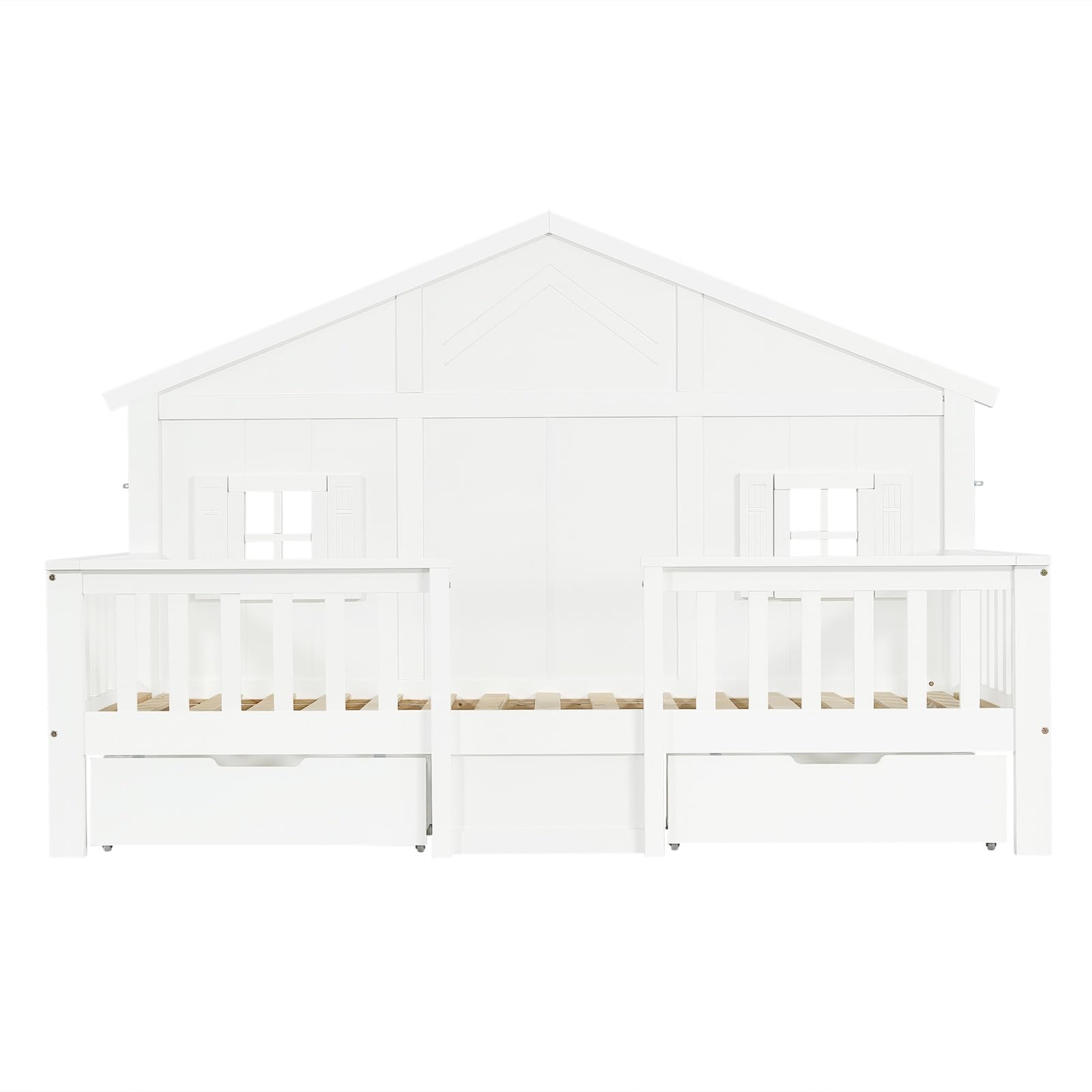 Sweiko Lit pour Enfant de 90 x 200 cm, Cadre de lit en Bois Massif avec barrières de sécurité, tiroirs à roulettes et décor en Forme de Maison, sans Matelas