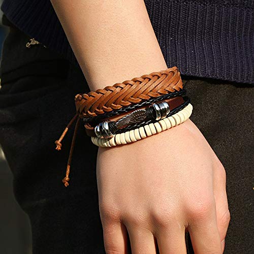 Bracciale Da Uomo In Pelle, Vintage Ala Punk Fascino Beige Perline Di Legno Multistrati Bracciali Schiave Unisex Braccialetto Gioielli Accessori Festival Giovane Dono Amicizia 3Pz/Set Marrone Nero - Foto 8