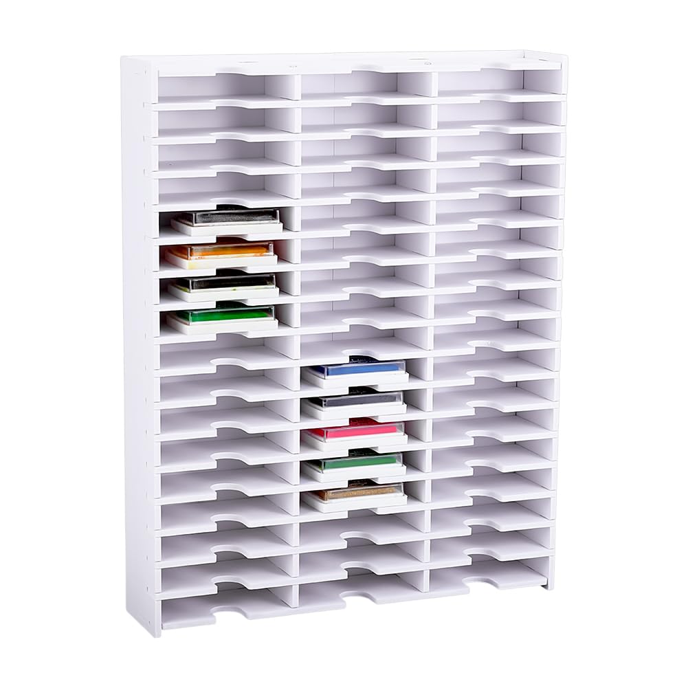 UNICRAFTALE Soporte para tampón de tinta, bandeja organizadora para el escritorio, 51 compartimentos, almohadilla de tinta, caja de almacenamiento, organizador para montaje en pared apilable