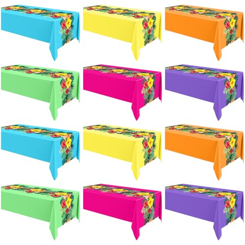 Image of Irenare 12 Sheets Hawaiian Luau Tablecloths for Party Decoration 54 x 108'' Tropical Palm Leaves Table Cloth Hawaii Disposable Rectangular Plastic Table Cover for Summer Beach (Multicolored)