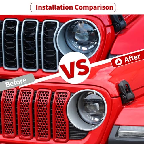 Image of JeCar Front Grille Inserts Mesh Grill Frame Trim Covers Exterior Accessories Compatible with Jeep Wrangler 2024 JL JLU & Gladiator JT 2024, Red