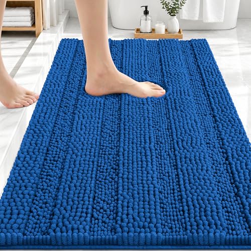 Image of OLANLY Thick Bathroom Rugs 30x20, Extra Absorbent Chenille Striped Bath Rugs, Rubber Backing, Machine Wash Dry, Bath Mats for Bathroom Floor, Tub and Shower, Home Decor Accessories, Deep Navy Blue