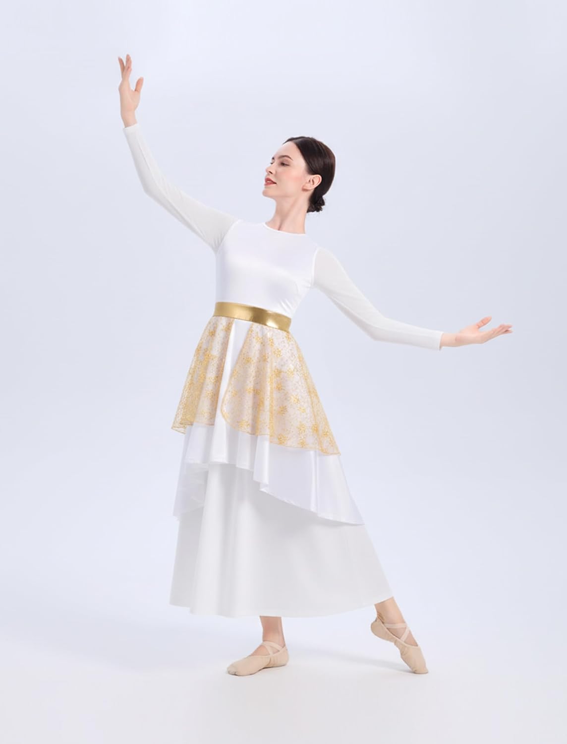 AFAVOM Praise Dance Dresses for Women Metallic Embroidered Peplum Overlay Satin Asymmetric Tunic Liturgical Worship Dancewear