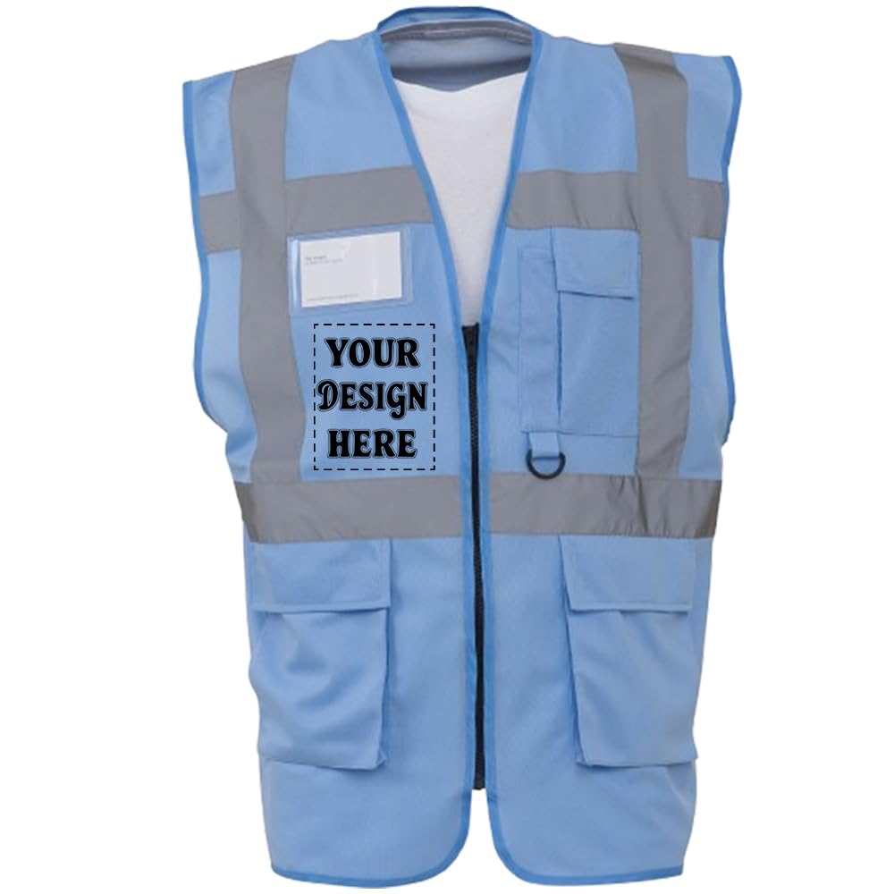 D&T Personalised Hi-Vis Reflective Vest with Zipper and Pockets – High Visibility Safety Waistcoat – Unisex Polyester Workwear (UK, Alpha, 3XL, Regular, Regular, Sky Blue)