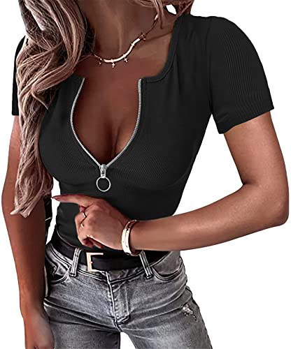 OwnTime Womens Summer Tops Short Sleeve Shirts Sexy V Neck Slim Fit Zip Up Tops Ribbed Knit Henley Shirts Blouses3