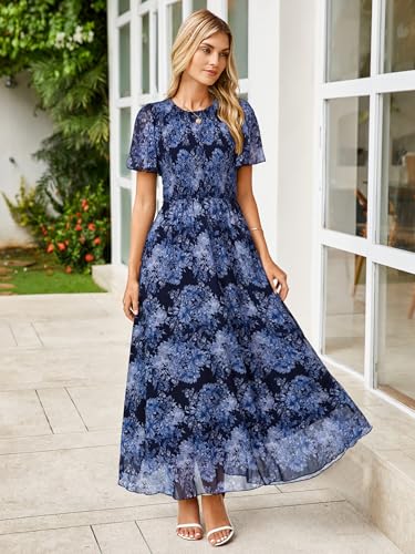 Image of Simplee Womens Casual Floral Summer Maxi Dress 2026 Boho Flowy Short Sleeve Crew Neck Vacation Smocked Chiffon Dresses