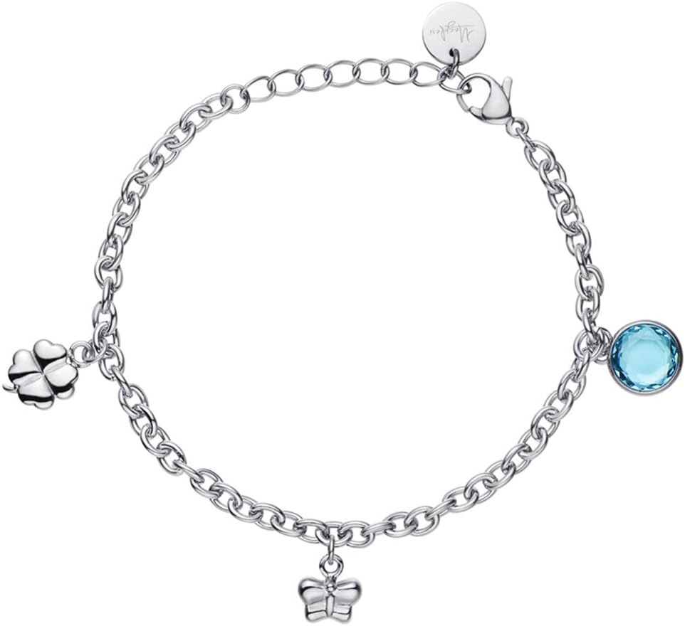 Megidesi Charm Bracelet with Adjustable Stainless Steel Chain Bracelets Gift for Women Girls - with Lovely Butterfly - Cute Clover - Blue Glass Stone