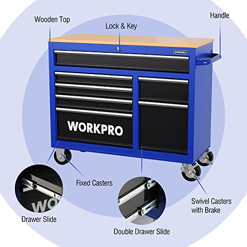 Image of WORKPRO 42-Inch 7-Drawers Rolling Tool Chest, Mobile Tool Storage Cabinet with Wooden Top, Equipped with Casters, Handle, Drawer Liner, and Locking System, 1000 lbs Load Capacity