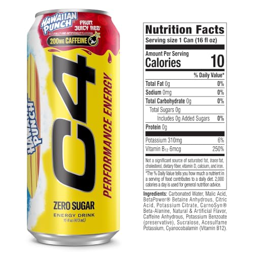 Image of C4 Energy Drink, Hawaiian Punch Fruit Juicy Red, Carbonated Sugar Free Pre Workout Performance Drink with no Artificial Colors or Dyes, 16oz Pack of 12