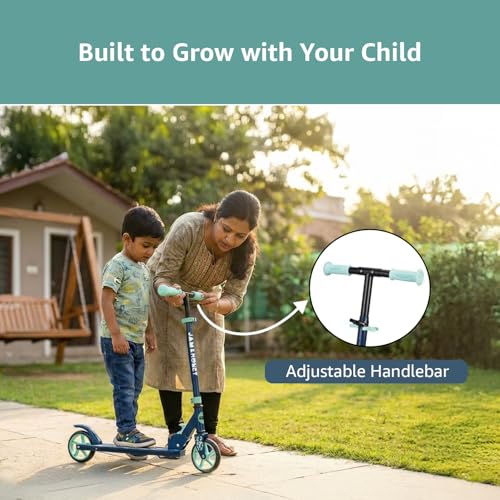 Image of Amazon Brand - Jam & Honey Kids Kick Folding Scooter for Kids (2+ Years) | 3- Step Height Adjustable Handle, Smooth Bearing Wheels & PVC Tyres | BIS Certified | Teal Blue