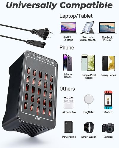 Image of USB Charging Station, 25 Port 125W(25A), Travel Desktop USB Rapid Charger, Multi Ports Fast Charging Station Organizer Compatible with Smartphones, Tables, and More Devices