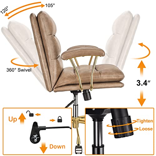 Leagoo Mid Back Home Office Desk Task Chair With Wheels And Arms Ergonomic Pu Leather Computer Rolling Swivel Chair With Padded Armrest (Khaki) #TOP2