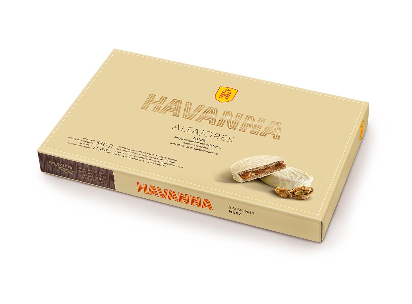 Havanna Alfajores Argentinos | Alfajores de Nuez y Chocolate Blanco | Galletas Rellenas de Dulce de Leche | Caja 6 Unidades | 330g