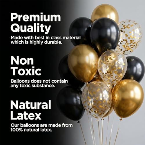 Image of Just Party Happy Birthday Decoration Kit, Gold and Black - Pack of 58 | Super Shinny Balloons for Birthday Decoration | Birthday Balloons for Kids & Adults | Happy Birthday Banner | Confetti Balloons