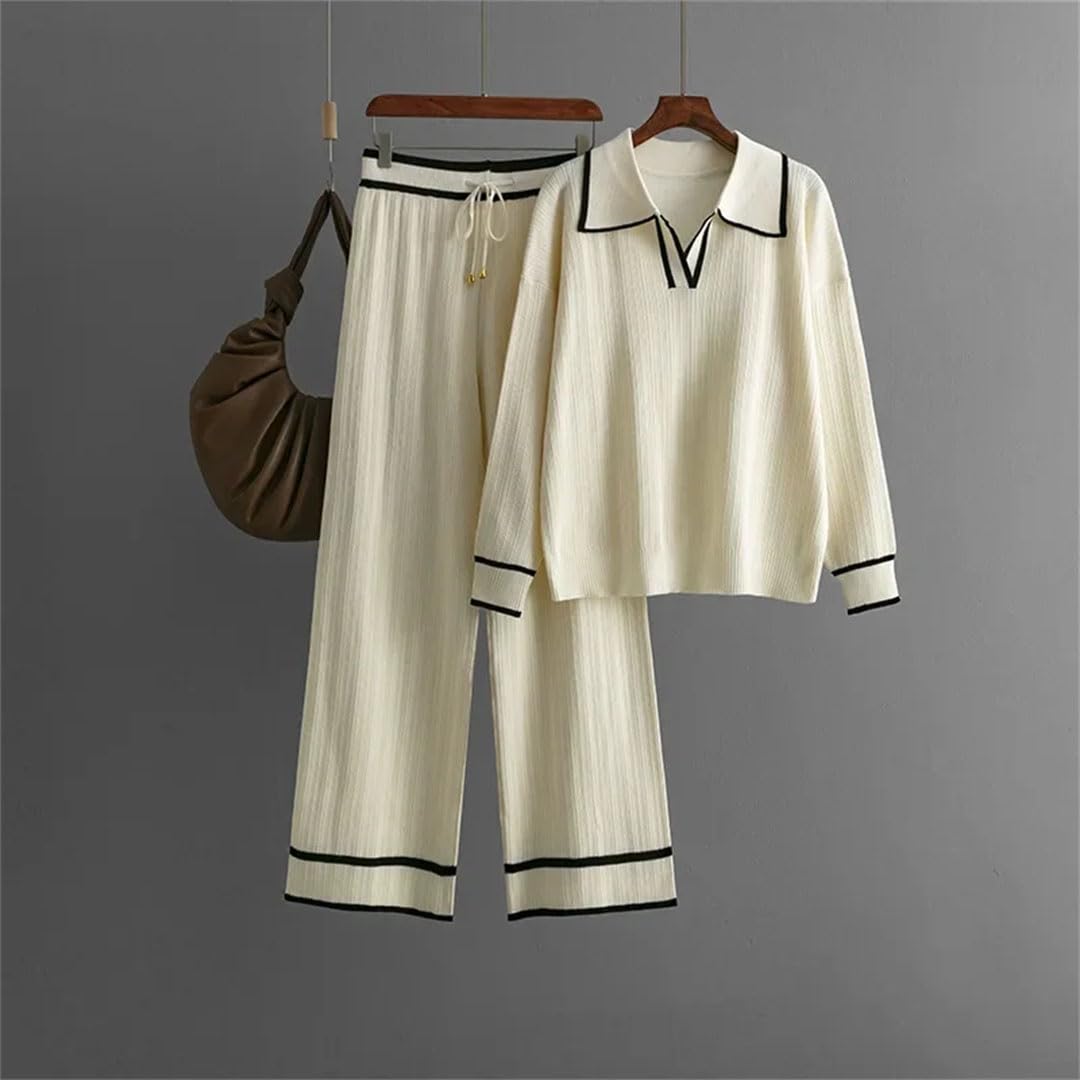 Ensemble deux pièces pour femme avec pull contrasté taille haute et pantalon en tricot fin