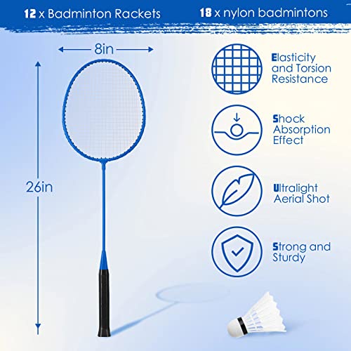 Wettarn 12 Pcs Badminton Rackets With 18 Nylon Badminton, Badminton Racquet Bulk, Shuttle Badminton Set For Adults Teenagers Youth Beginners Advanced Player Backyard Gym Beach Outdoor (Blue) #TOP1