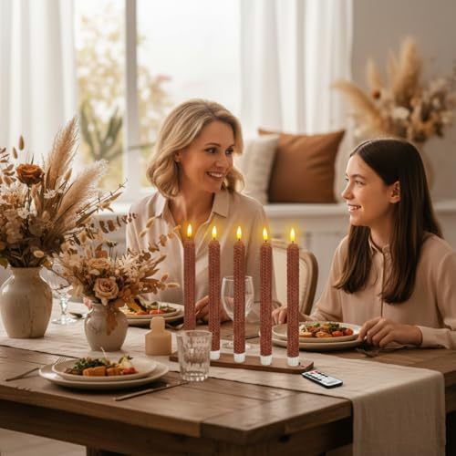 Image of Flameless LED Taper Candles with Remote & Timer - 9.5 inch Brown Hand Rolled Beeswax Honeycomb Candlesticks Flickering Battery Operated Window Candles for Wedding Mother's Day Home Decor,4 Pack