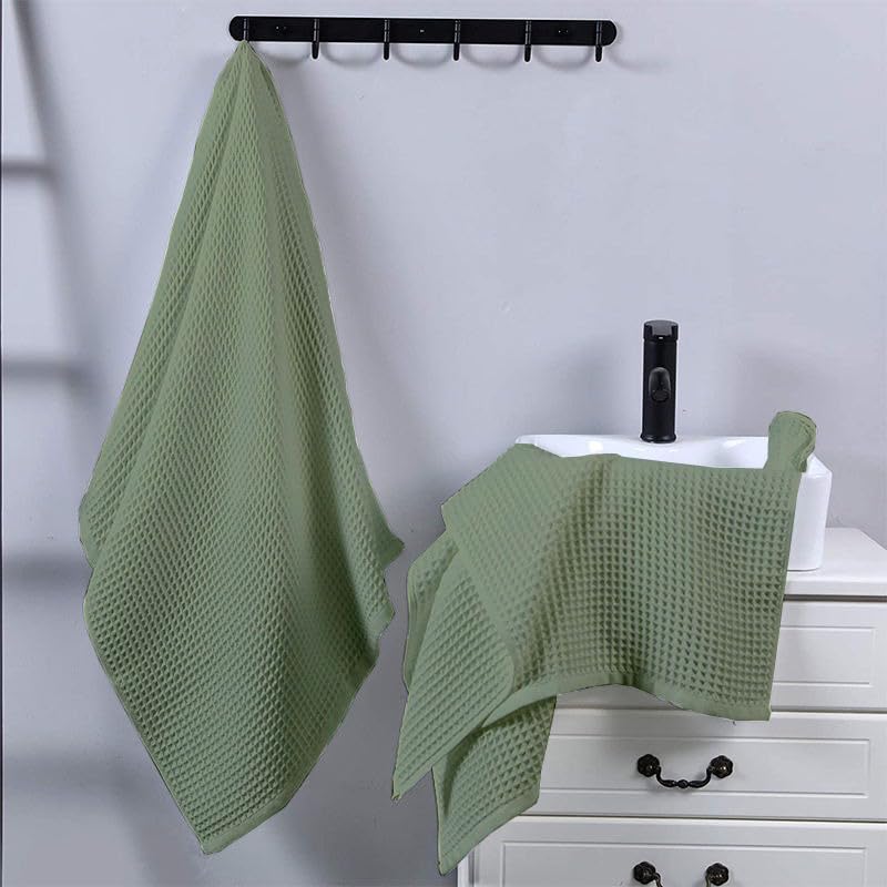 Image of Pure Cotton Waffle Towel | Lightweight | Anti Microbial and Water Absorbent | Soft Touch Quick Drying Hand Towels (Sage Green, Pack of 4)