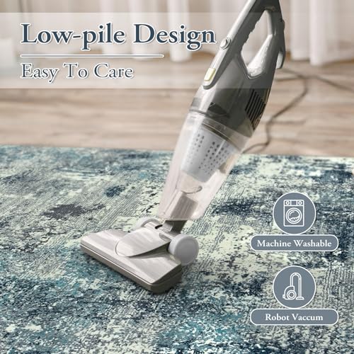 Image of Printed Cotton Carpet for Living Room Size 2x6 feet | Anti-Slip Floor Rug | Washable & Durable | Modern Design Home Decor Color Blue Grey